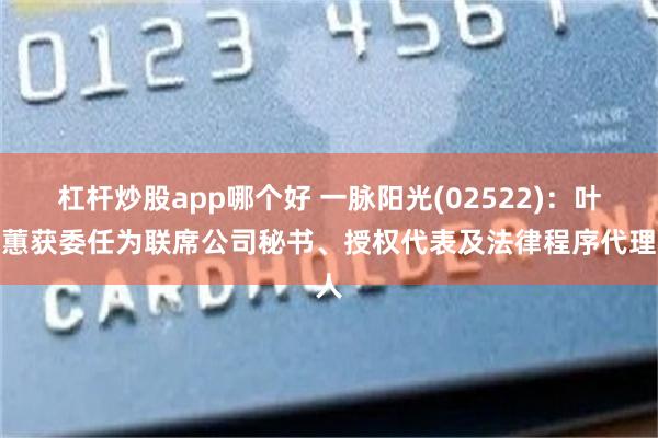 杠杆炒股app哪个好 一脉阳光(02522)：叶文蕙获委任为联席公司秘书、授权代表及法律程序代理人